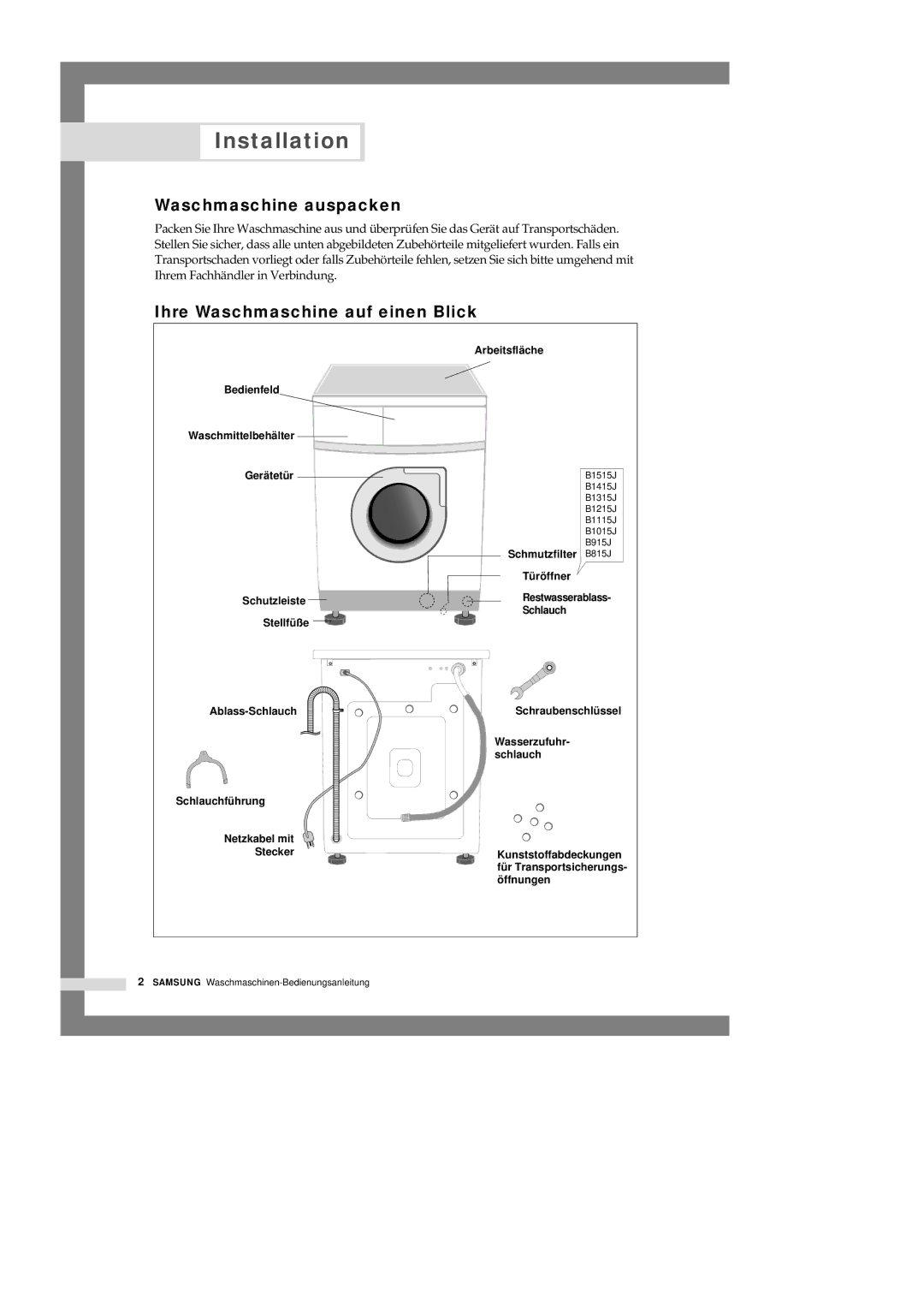 Samsung B1315JGW/XEG, B1115JGS/XEG, B1315JGS/XEG Installation, Waschmaschine auspacken, Ihre Waschmaschine auf einen Blick 