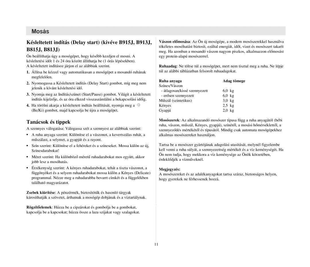 Samsung B1215JGS/XEH manual Tanácsok és tippek, Ruha anyaga Adag tömege, Megjegyzés 