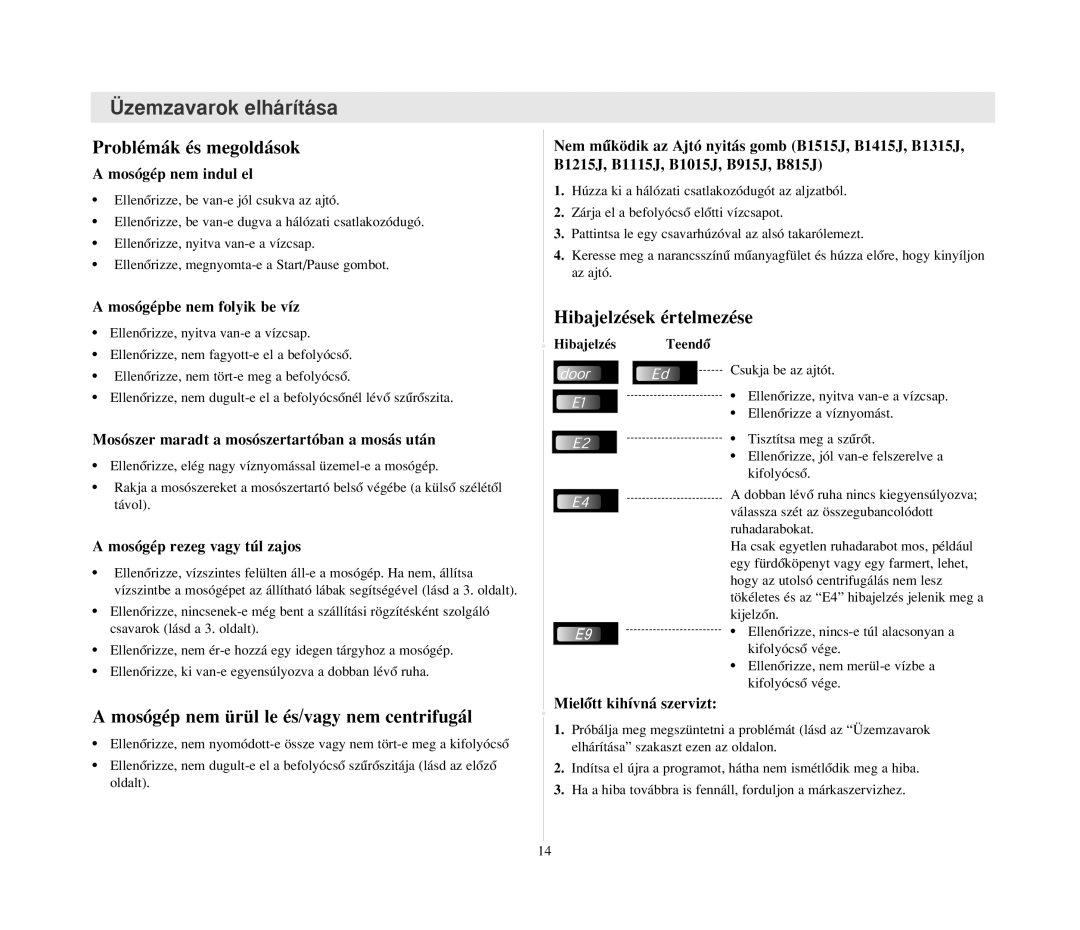 Samsung B1215JGS/XEH manual Üzemzavarok elhárítása, Problémák és megoldások, Mosógép nem ürül le és/vagy nem centrifugál 