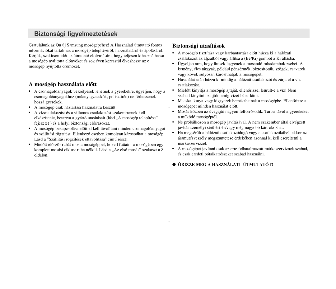 Samsung B1215JGS/XEH manual Biztonsági figyelmeztetések, Mosógép használata elŒtt, Biztonsági utasítások 