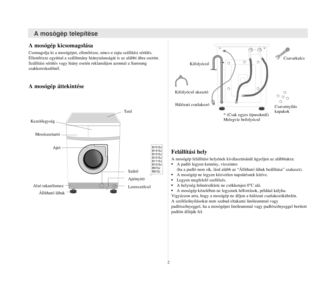 Samsung B1215JGS/XEH manual Mosógép telepítése, Mosógép kicsomagolása, Mosógép áttekintése, Felállítási hely 