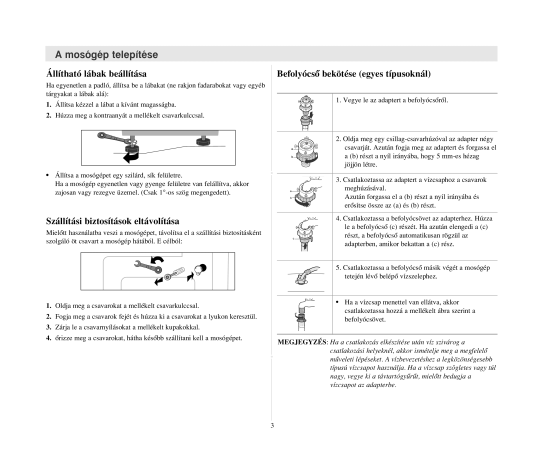 Samsung B1215JGS/XEH manual Állítható lábak beállítása, Szállítási biztosítások eltávolítása 