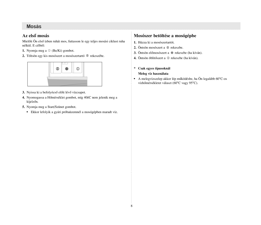 Samsung B1215JGS/XEH manual Az elsŒ mosás, Mosószer betöltése a mosógépbe, Csak egyes típusoknál Meleg víz használata 