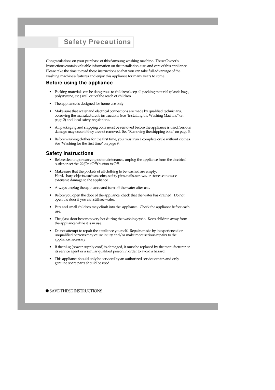 Samsung B1415JEW/XSG, B1215JGW/XFA, B1215JEW/XSG manual Safety Precautions, Before using the appliance, Safety instructions 