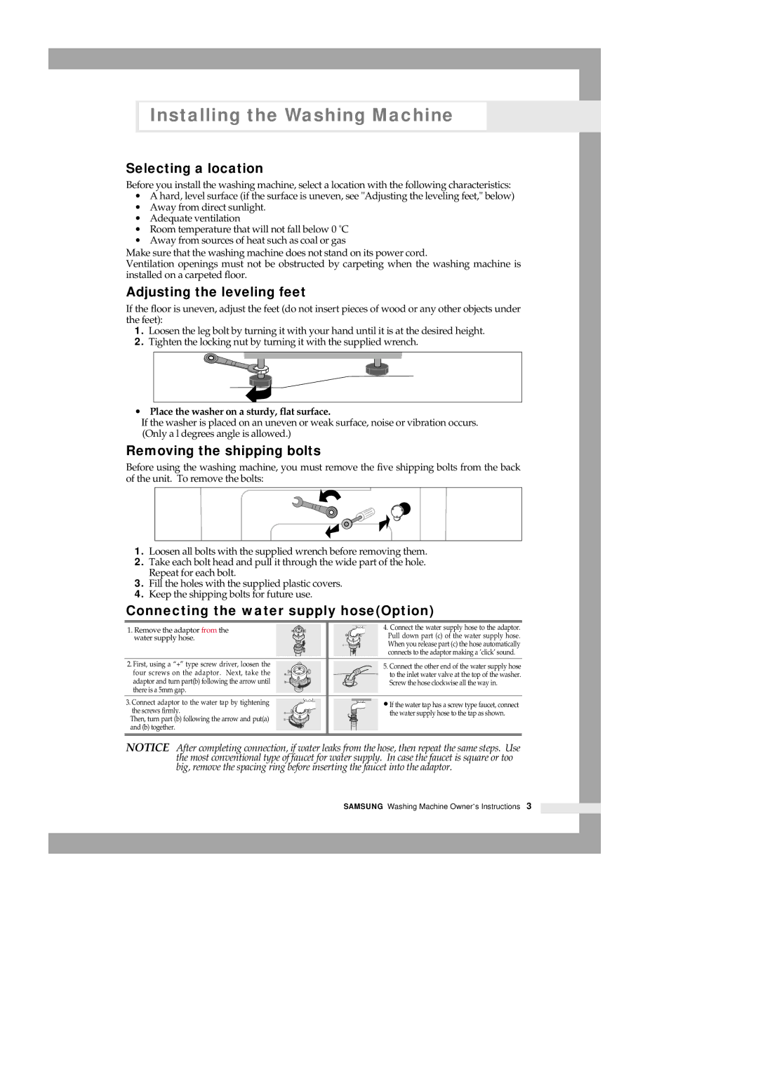 Samsung B1215JGW/XFA, B1215JEW/XSG manual Selecting a location, Adjusting the leveling feet, Removing the shipping bolts 