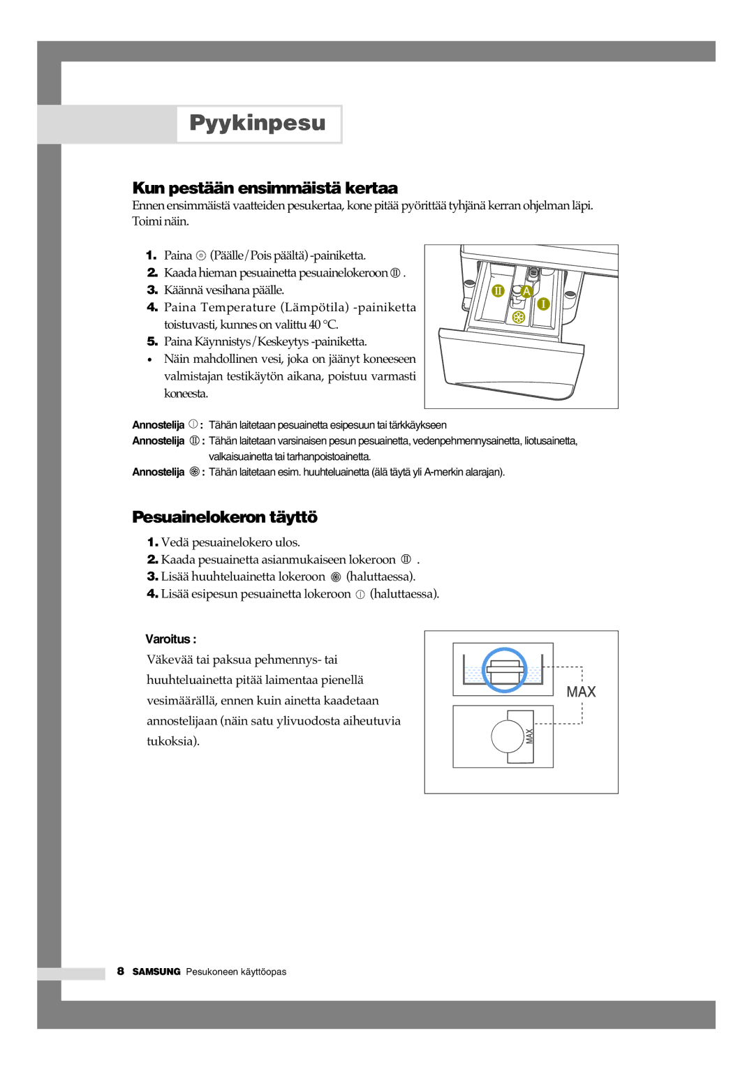 Samsung B1245AVGW1/XEE manual Kun pestään ensimmäistä kertaa, Pesuainelokeron täyttö 