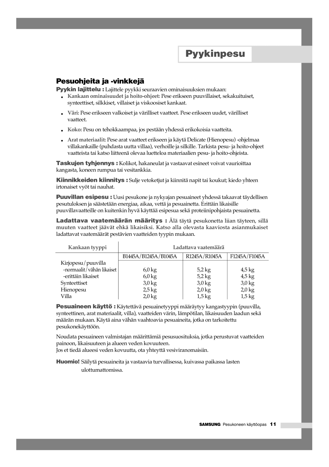 Samsung B1245AVGW1/XEE manual Pesuohjeita ja -vinkkejä, Kankaan tyyppi 