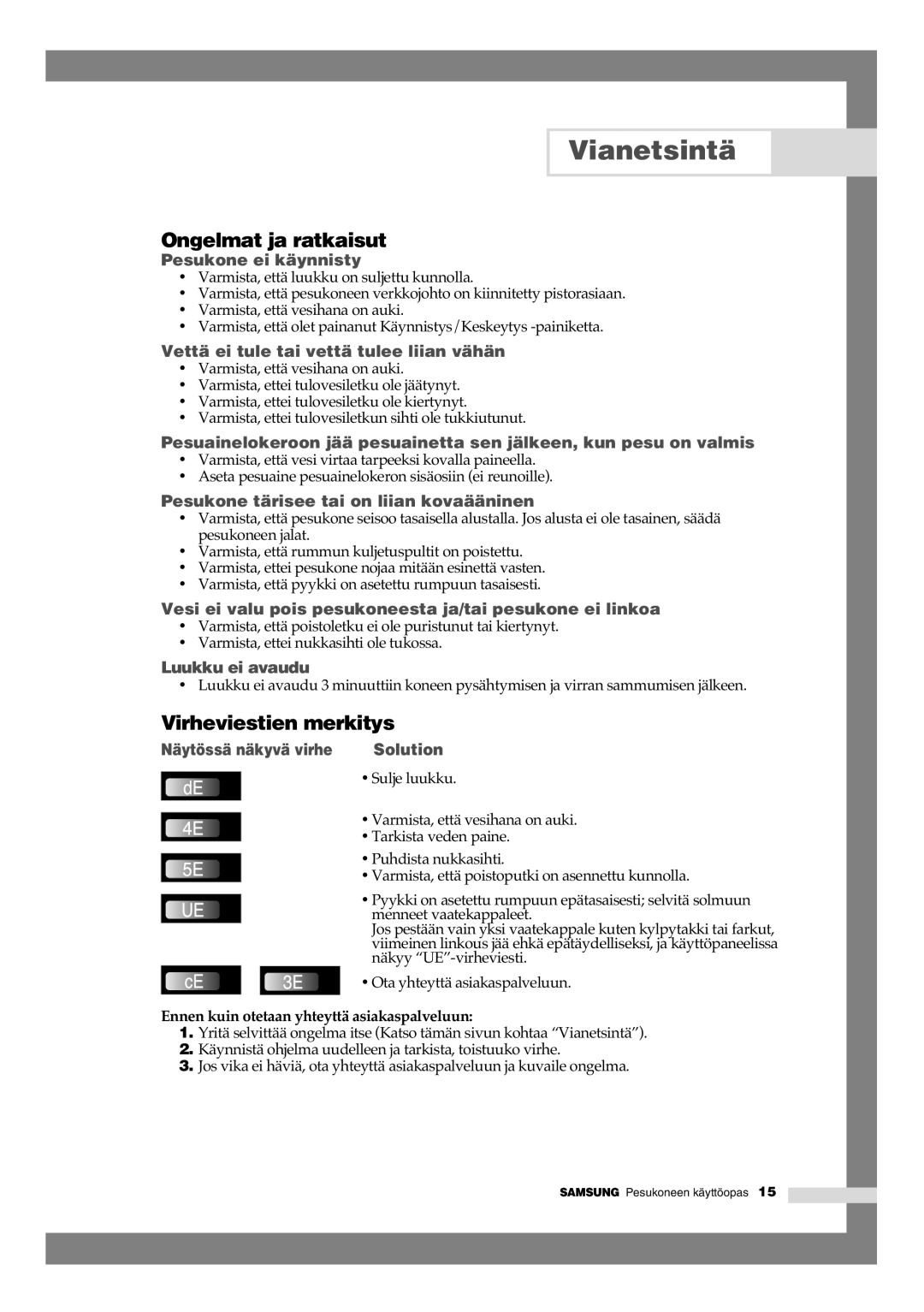 Samsung B1245AVGW1/XEE manual Vianetsintä, Ongelmat ja ratkaisut, Virheviestien merkitys 