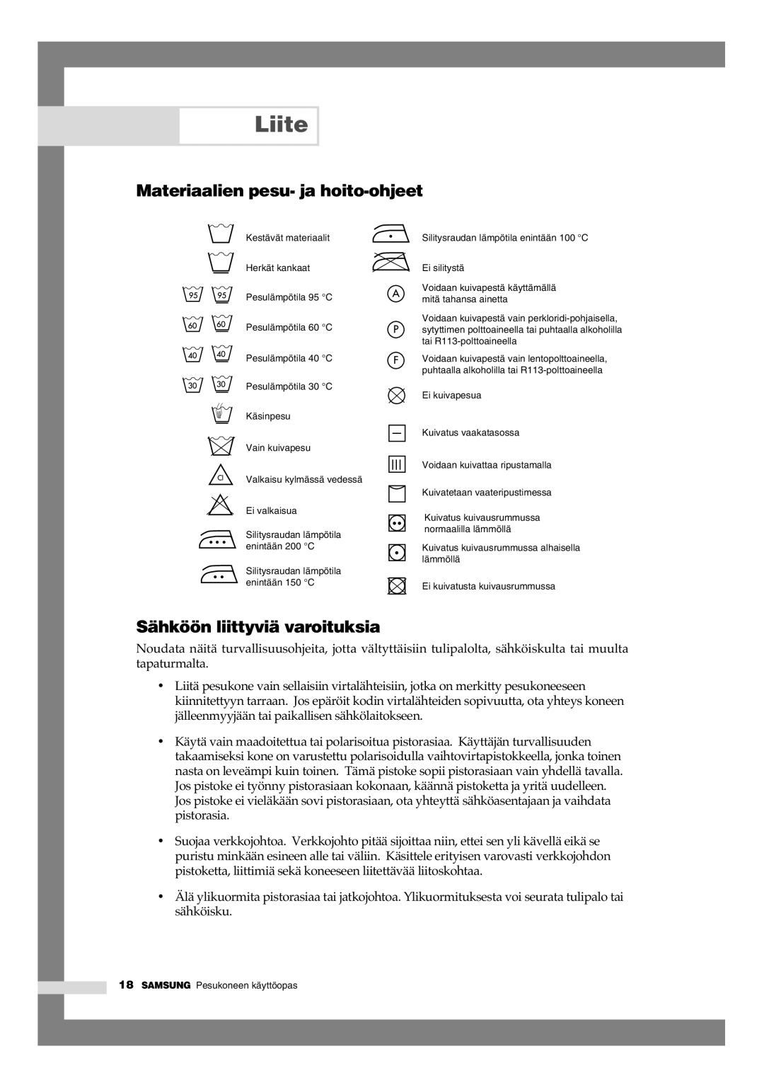 Samsung B1245AVGW1/XEE manual Liite, Materiaalien pesu- ja hoito-ohjeet, Sähköön liittyviä varoituksia 