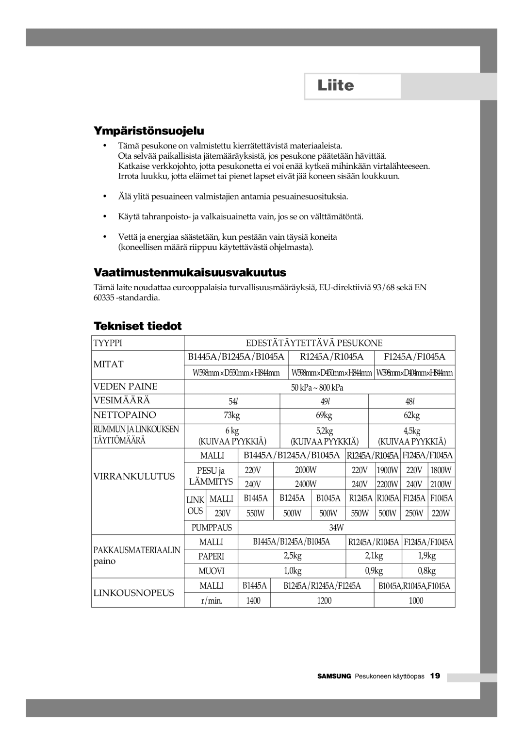 Samsung B1245AVGW1/XEE manual Ympäristönsuojelu, Vaatimustenmukaisuusvakuutus, Tekniset tiedot 