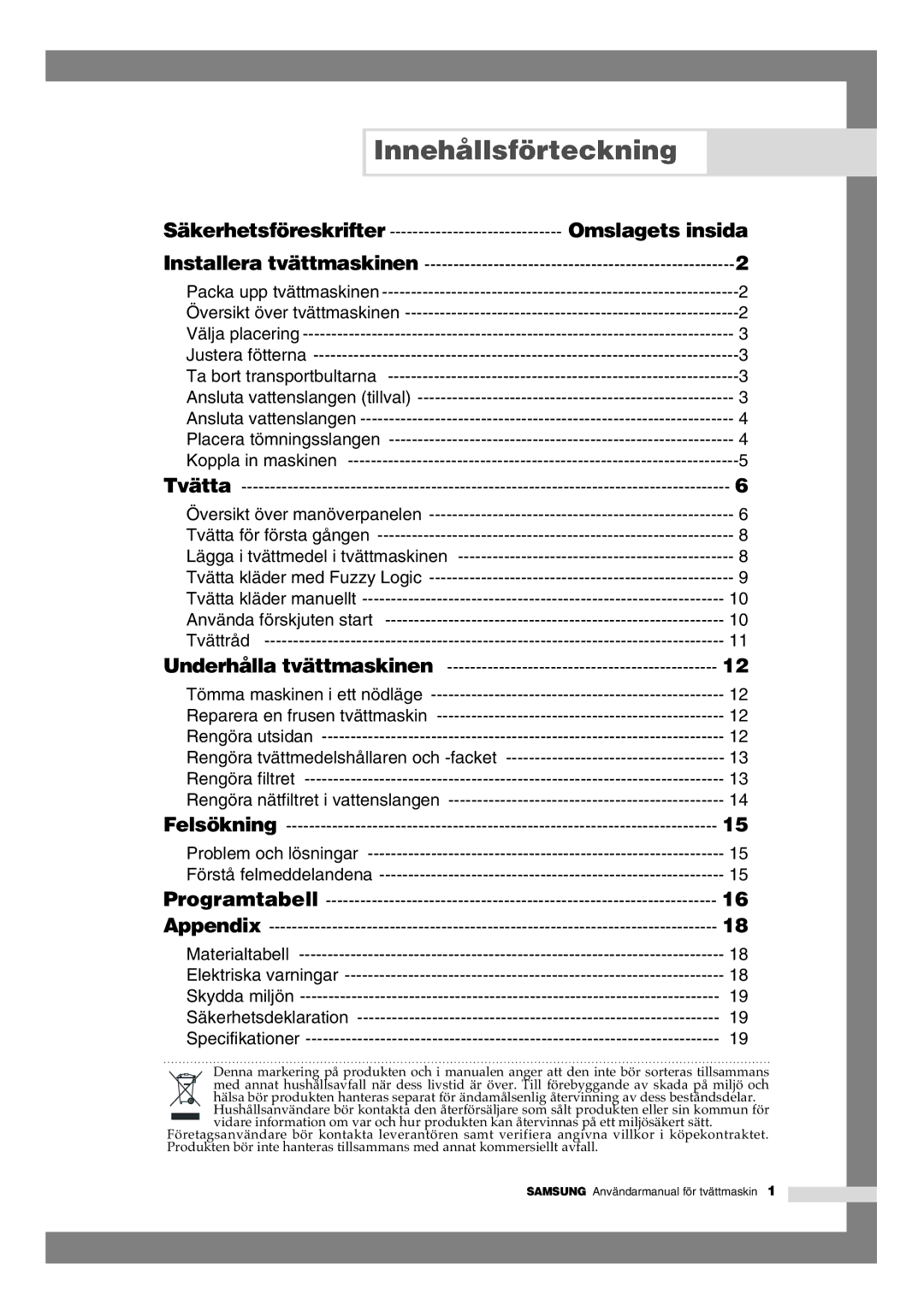 Samsung B1245AVGW1/XEE manual Innehållsförteckning, Omslagets insida 