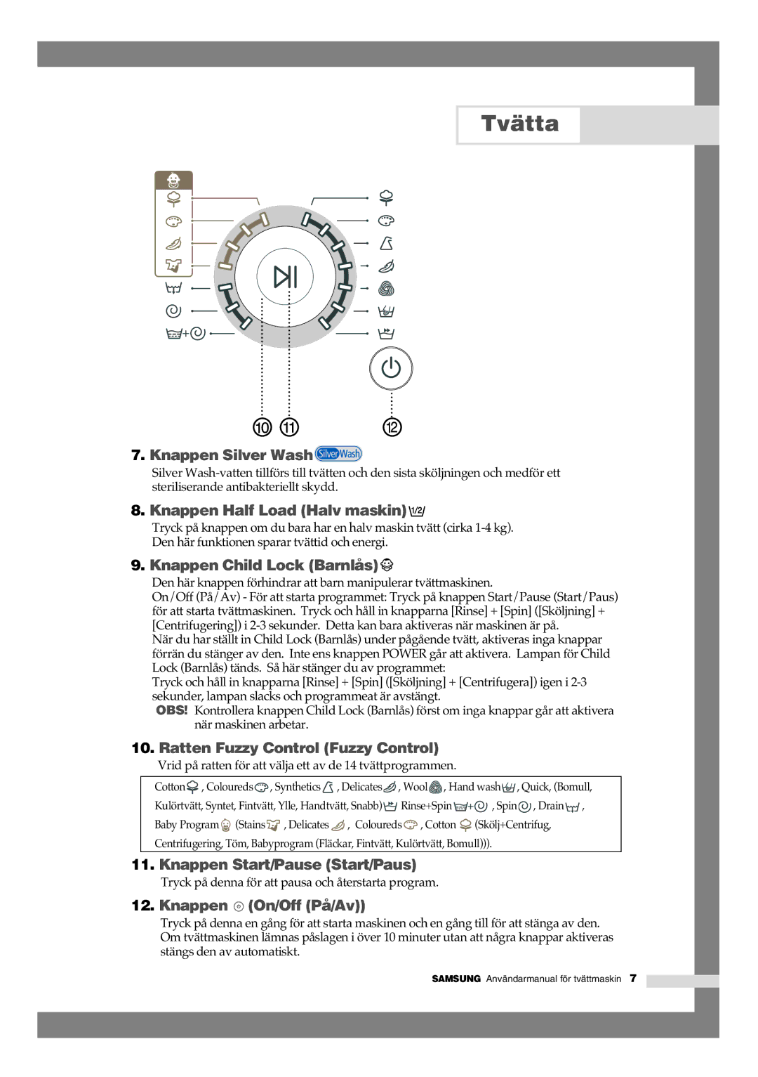 Samsung B1245AVGW1/XEE manual Knappen Start/Pause Start/Paus 