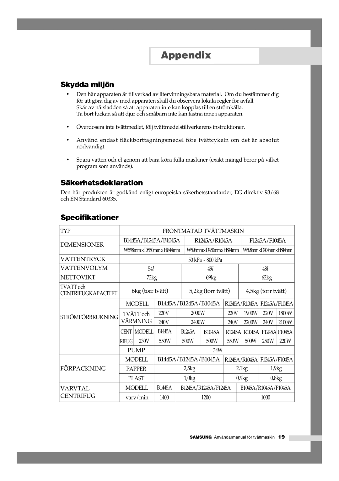 Samsung B1245AVGW1/XEE manual Skydda miljön, Säkerhetsdeklaration, Specifikationer 