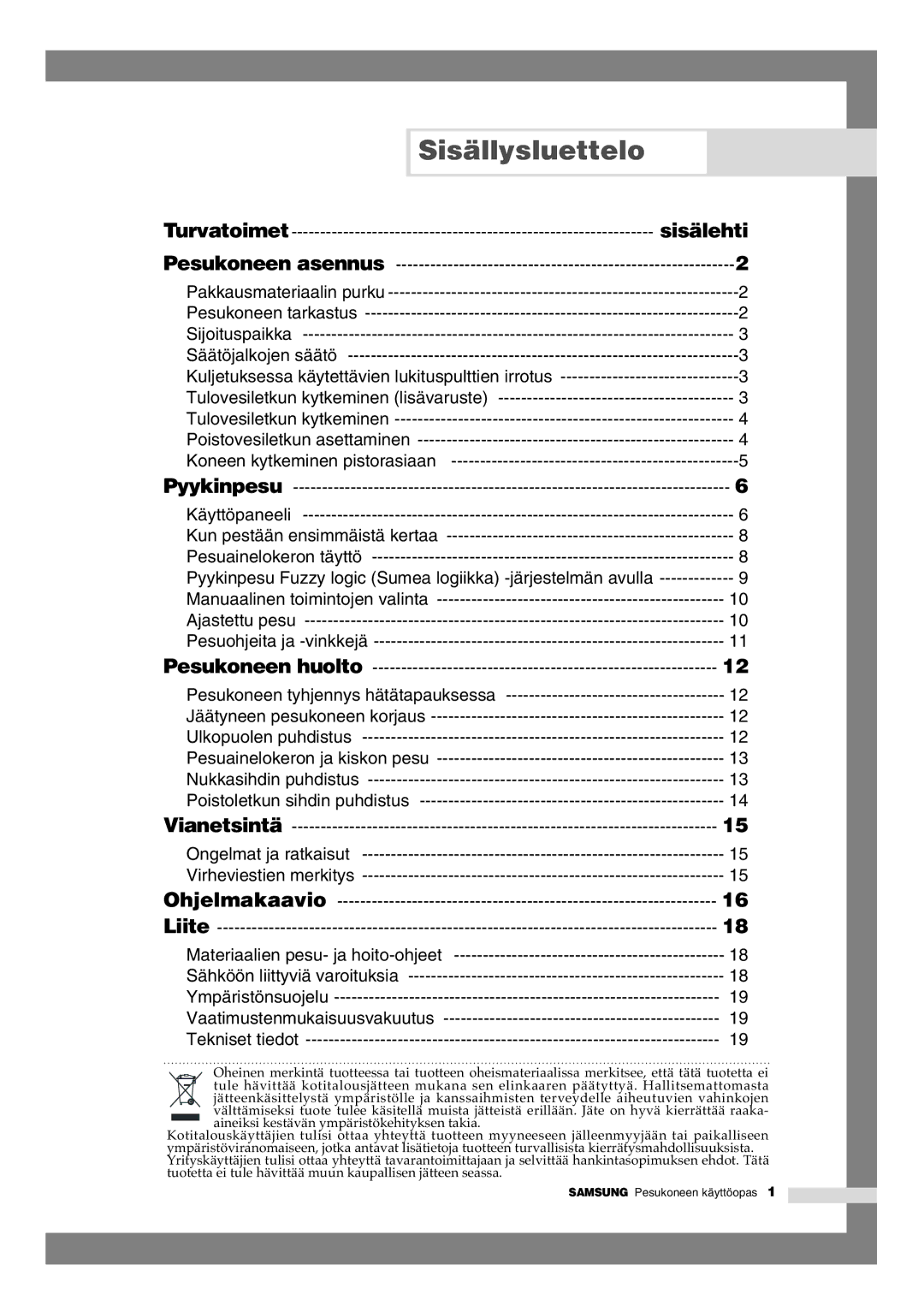 Samsung B1245AVGW1/XEE manual Sisällysluettelo, Sisälehti 