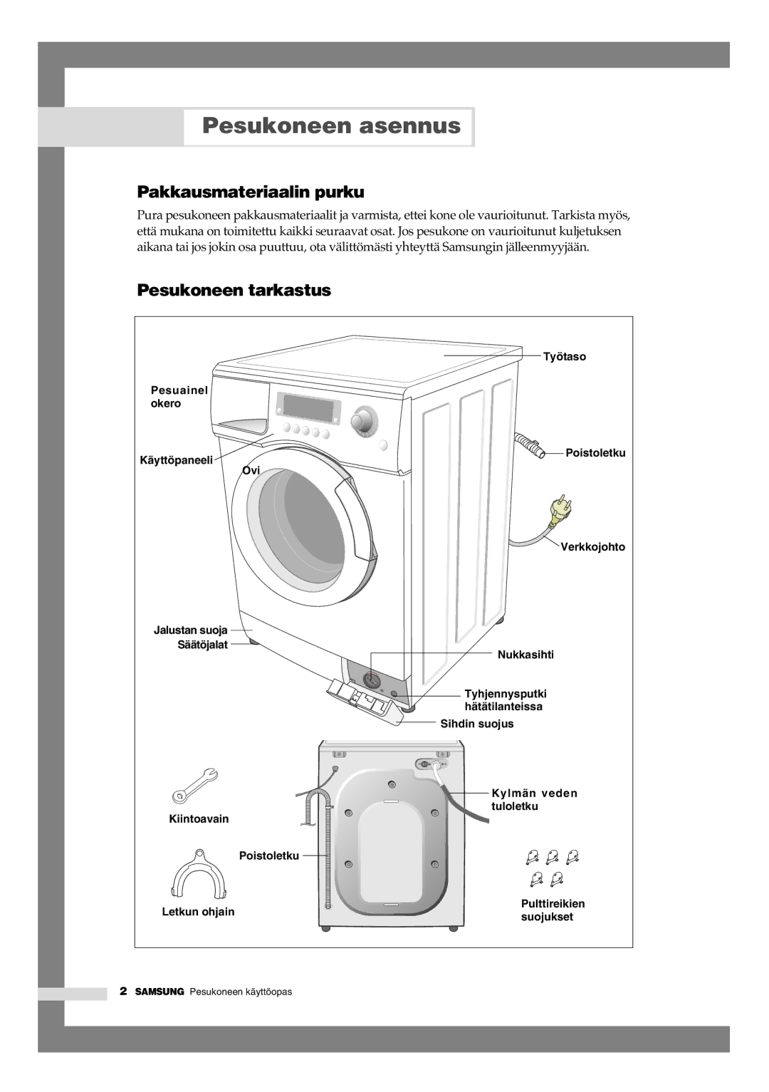 Samsung B1245AVGW1/XEE manual Pesukoneen asennus, Pakkausmateriaalin purku, Pesukoneen tarkastus 