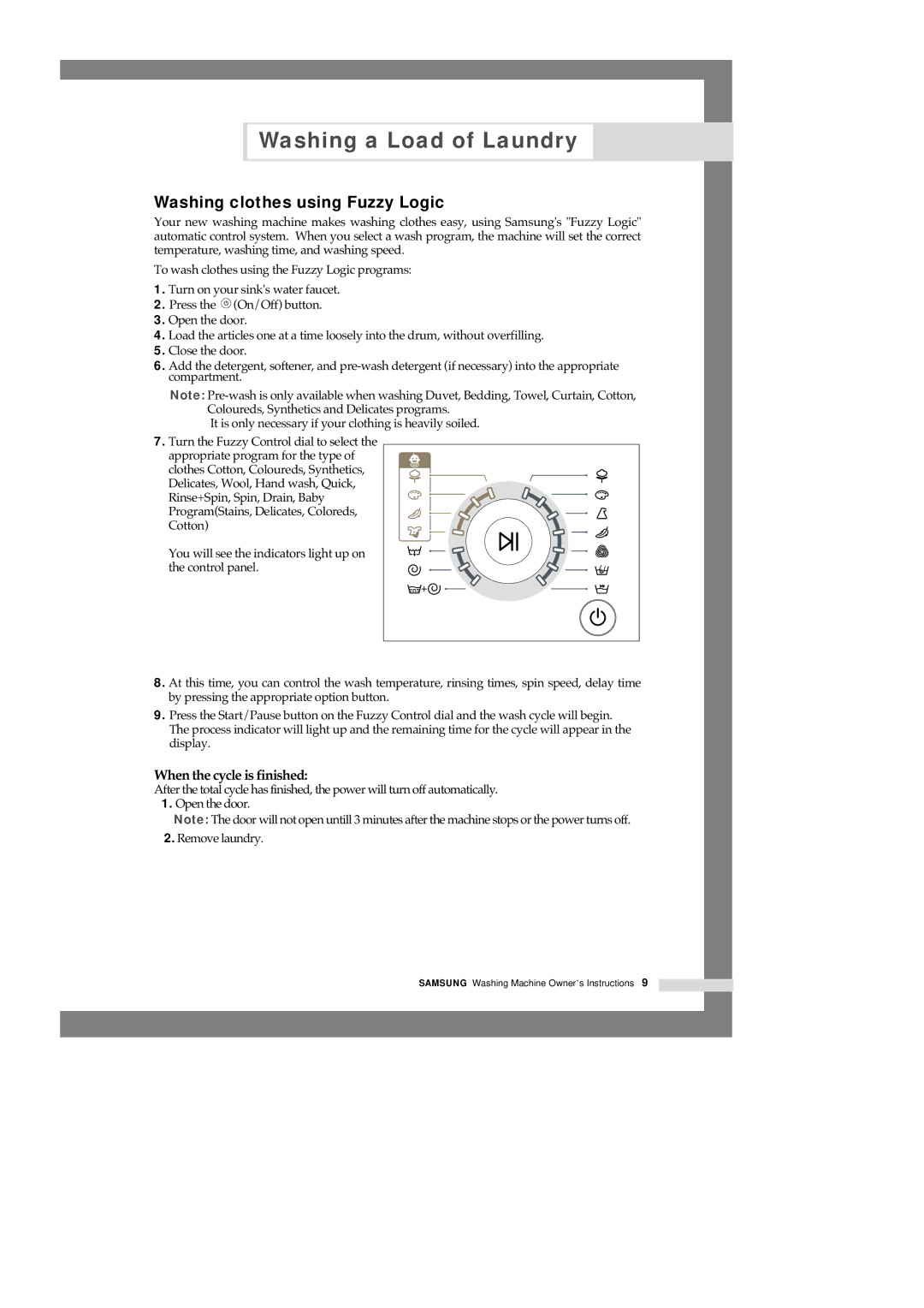 Samsung B1245AVGW1/XEE manual Washing clothes using Fuzzy Logic, When the cycle is finished 