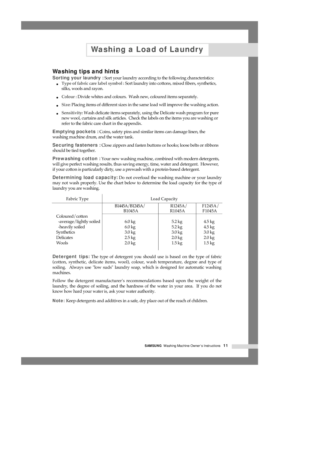 Samsung B1245AVGW1/XEE manual Washing tips and hints, Fabric Type Load Capacity 