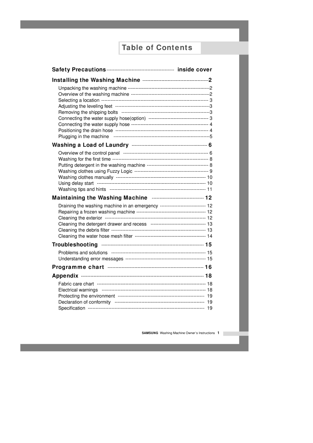 Samsung B1245AVGW1/XEE manual Table of Contents 