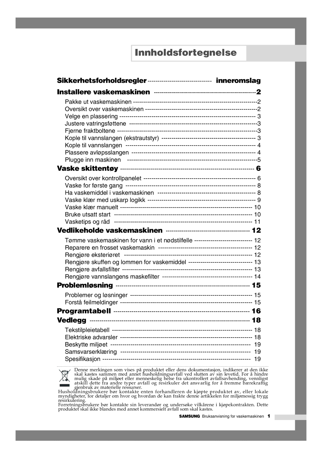 Samsung B1245AVGW1/XEE manual Innholdsfortegnelse, Inneromslag 