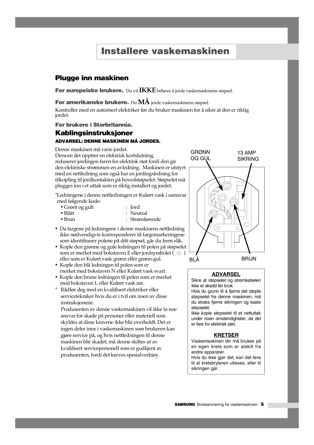 Samsung B1245AVGW1/XEE manual Plugge inn maskinen, Kablingsinstruksjoner 