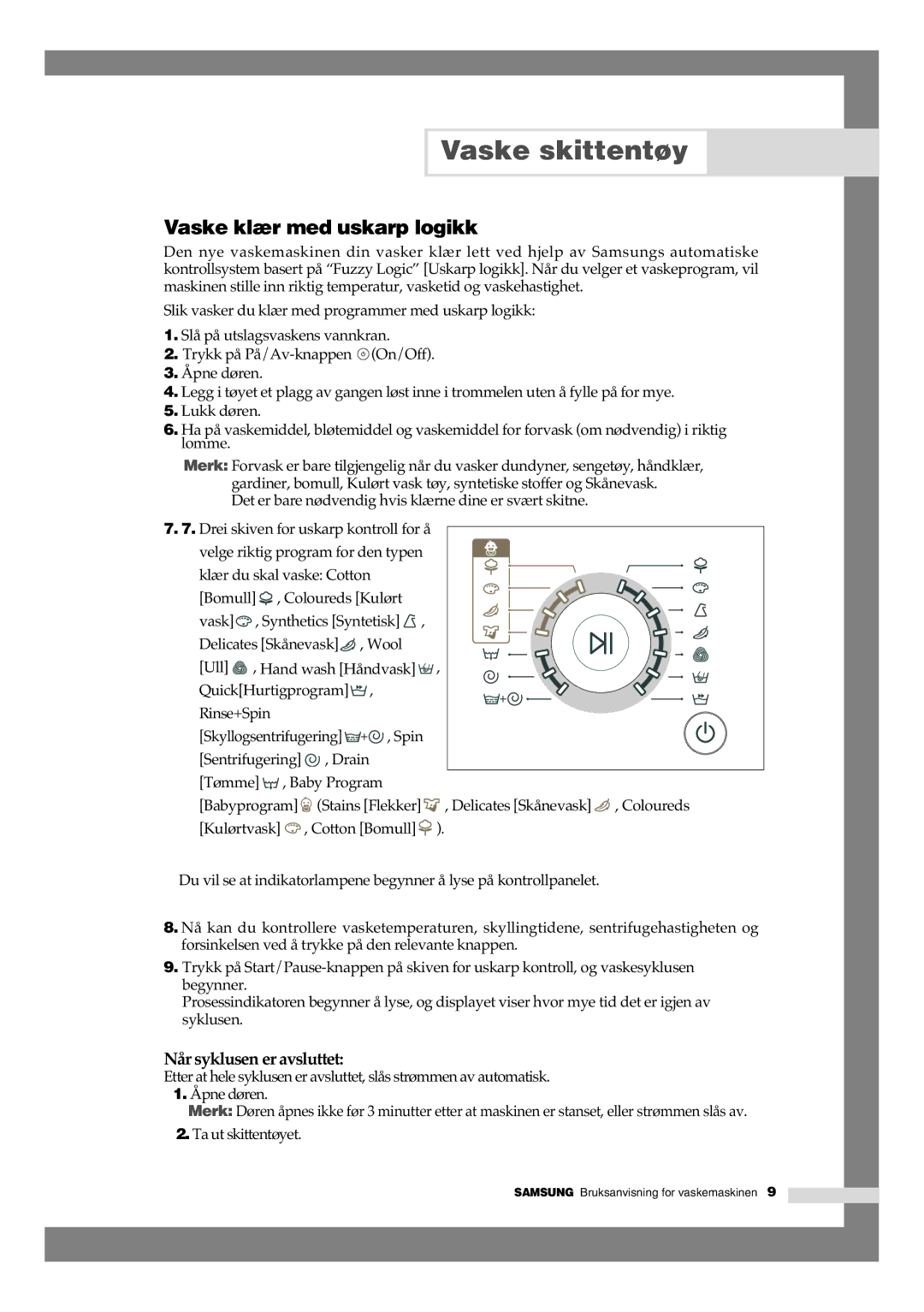 Samsung B1245AVGW1/XEE manual Vaske klær med uskarp logikk, Når syklusen er avsluttet 