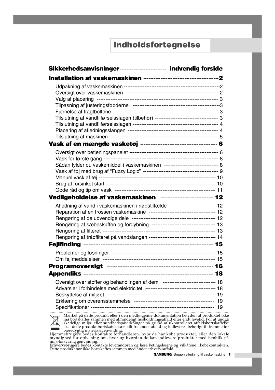 Samsung B1245AVGW1/XEE manual Indholdsfortegnelse, Indvendig forside 