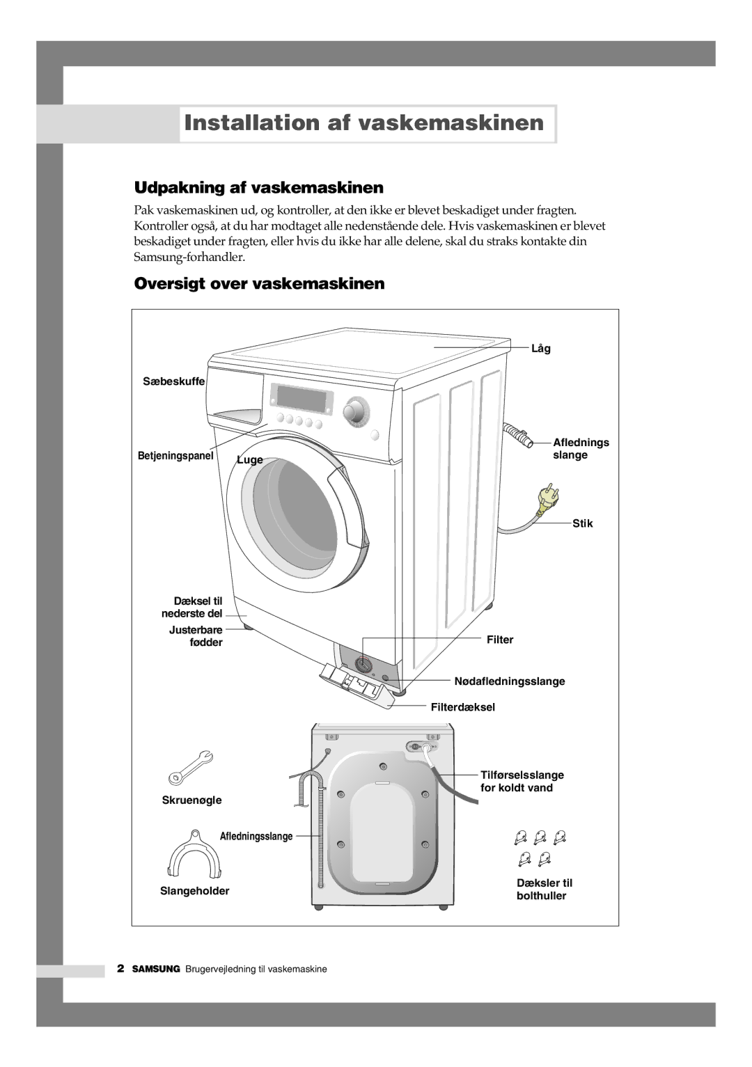 Samsung B1245AVGW1/XEE manual Installation af vaskemaskinen, Udpakning af vaskemaskinen, Oversigt over vaskemaskinen 