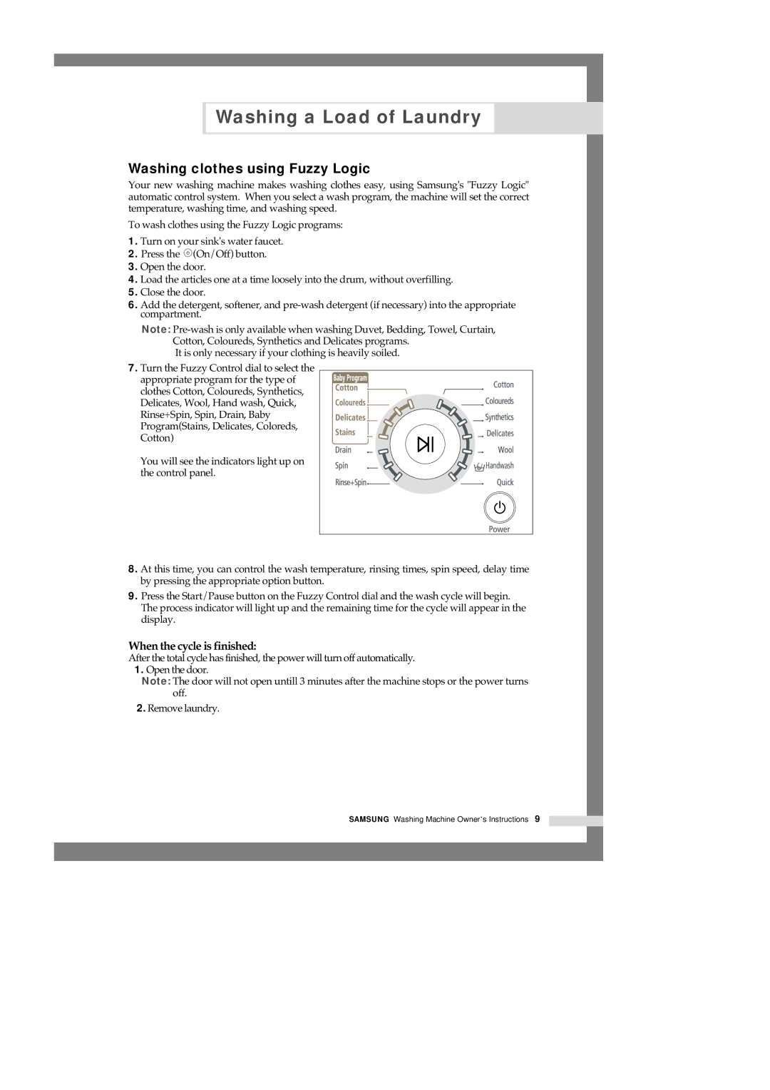 Samsung B1245AVGW/XEH, B1245AVGW1/XEF, B1245AVGW1/XEH manual Washing clothes using Fuzzy Logic, When the cycle is finished 