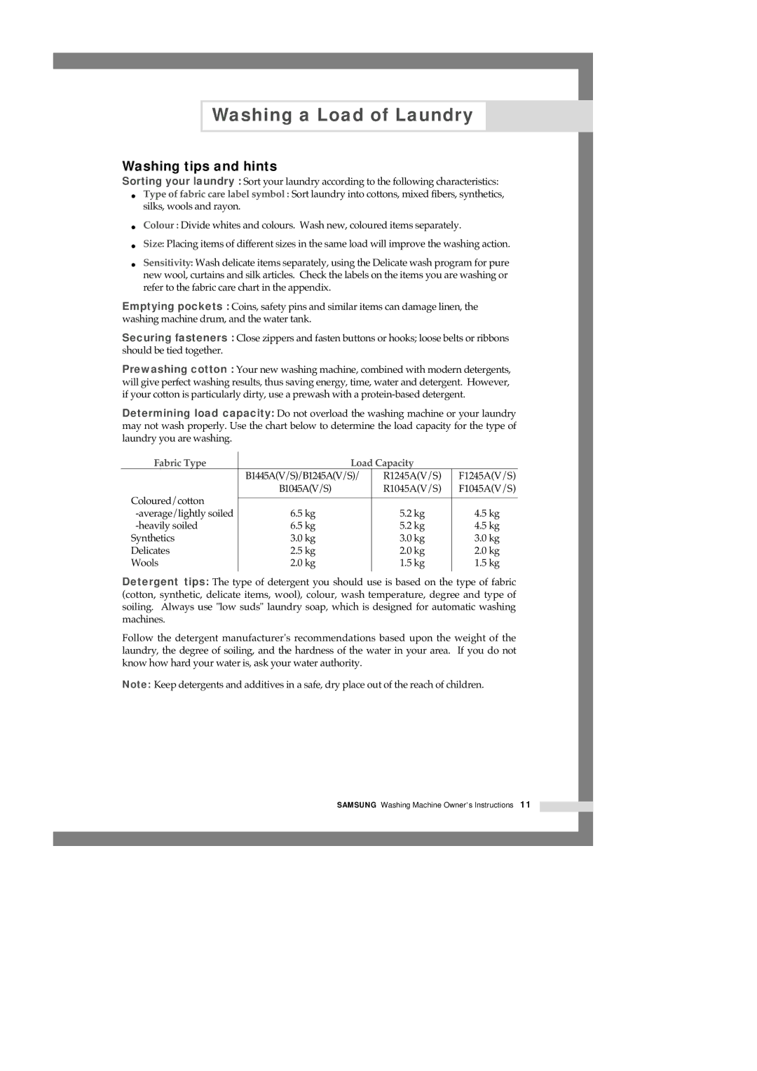 Samsung B1245AVGW1/XEH, B1245AVGW1/XEF, B1245AVGW/XEH manual Washing tips and hints, Fabric Type Load Capacity 