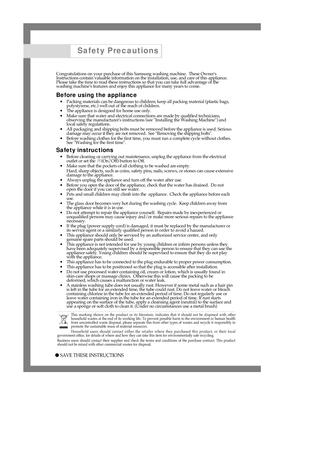 Samsung B1245AVGW/XEH, B1245AVGW1/XEF, B1245AVGW1/XEH manual Before using the appliance, Safety instructions 