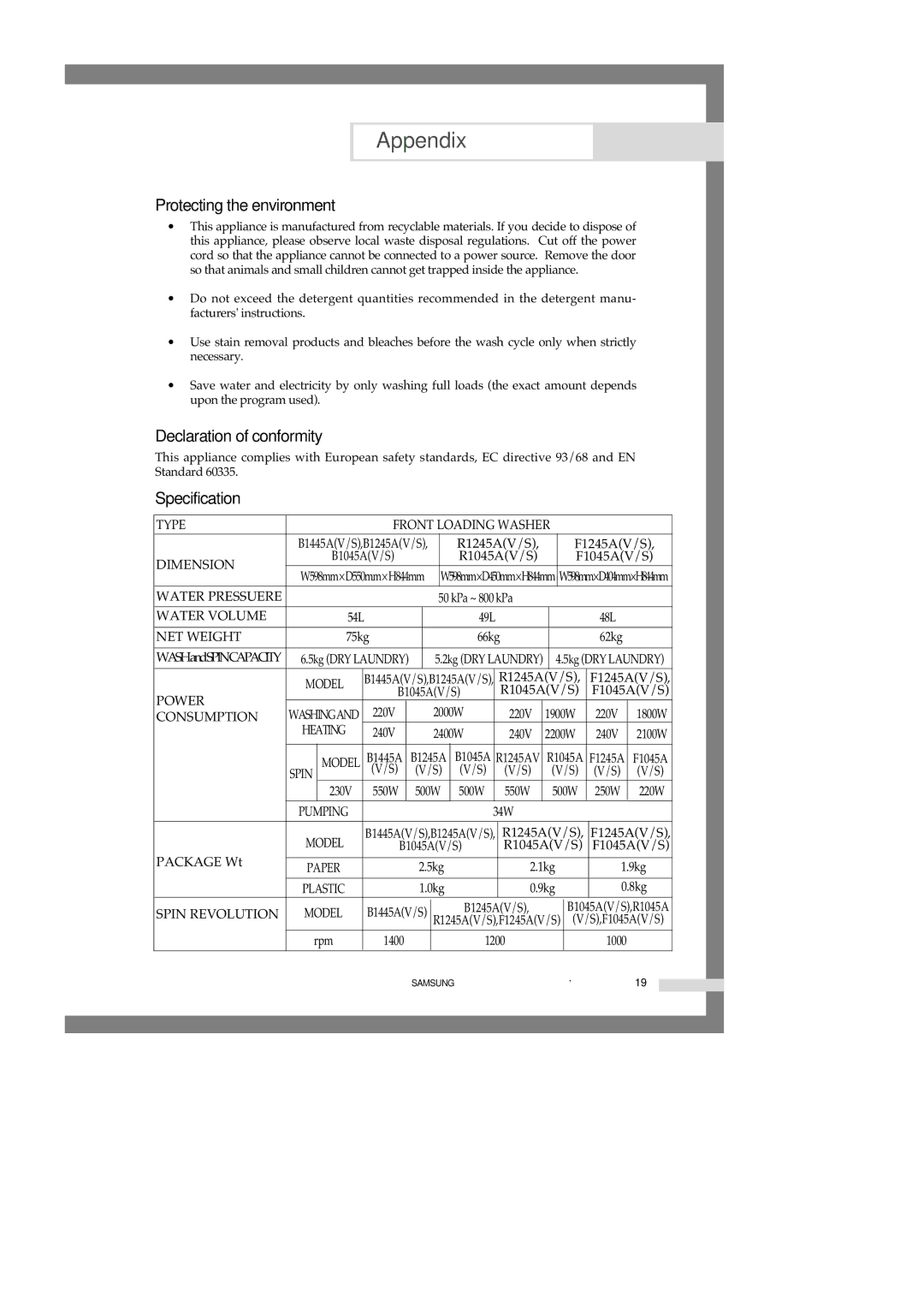 Samsung B1245AVGW1/XEF, B1245AVGW1/XEH, B1245AVGW/XEH Protecting the environment, Declaration of conformity, Specification 