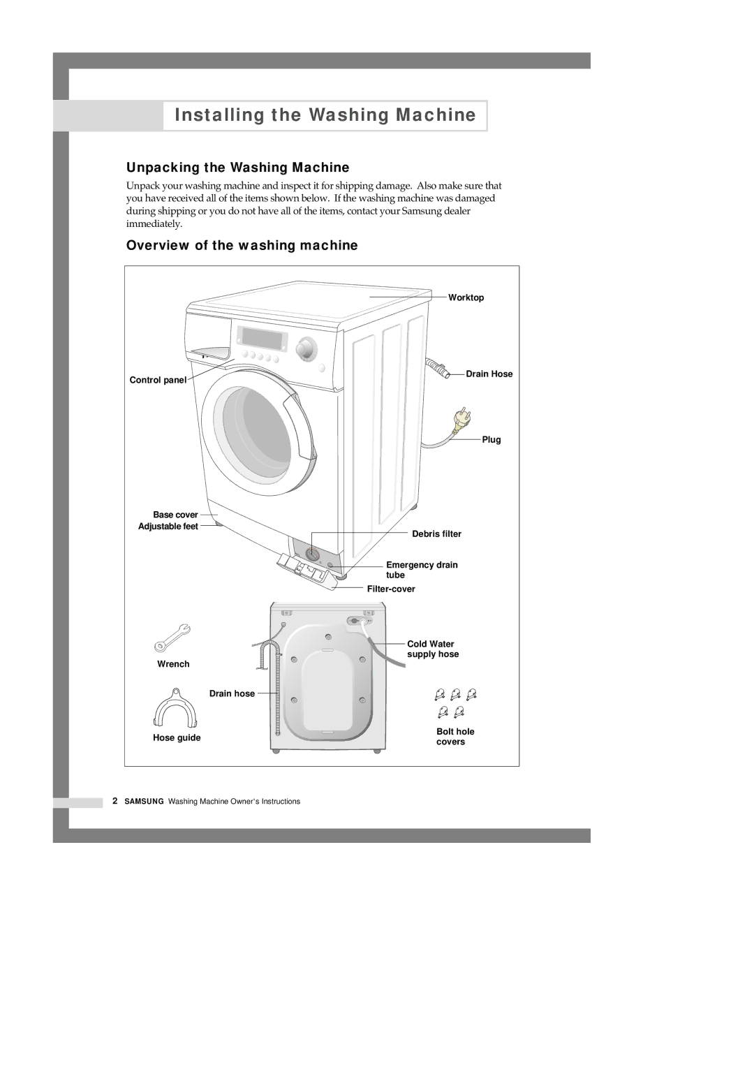 Samsung B1245AVGW1/XEH Installing the Washing Machine, Unpacking the Washing Machine, Overview of the washing machine 