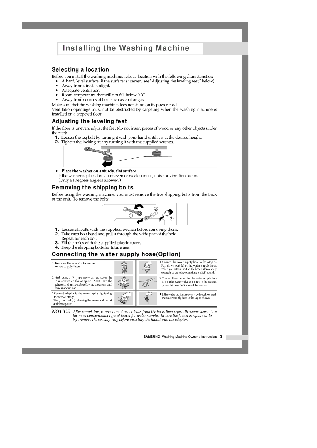 Samsung B1245AVGW/XEH, B1245AVGW1/XEF manual Selecting a location, Adjusting the leveling feet, Removing the shipping bolts 