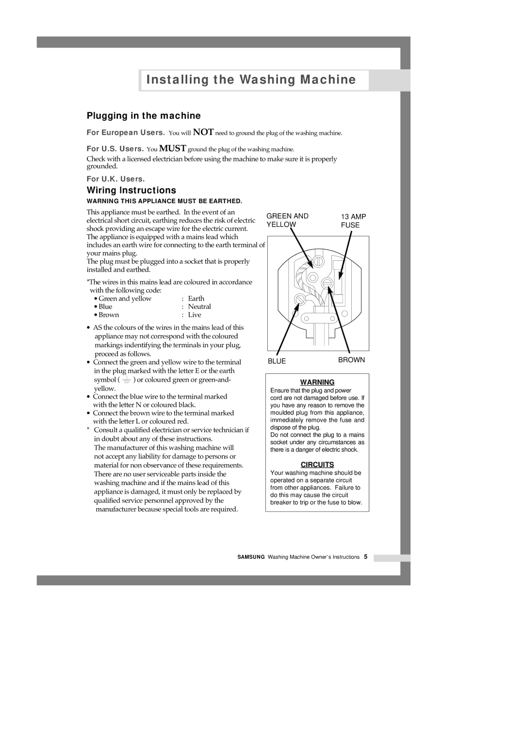 Samsung B1245AVGW1/XEH, B1245AVGW1/XEF, B1245AVGW/XEH manual Plugging in the machine, Wiring lnstructions 