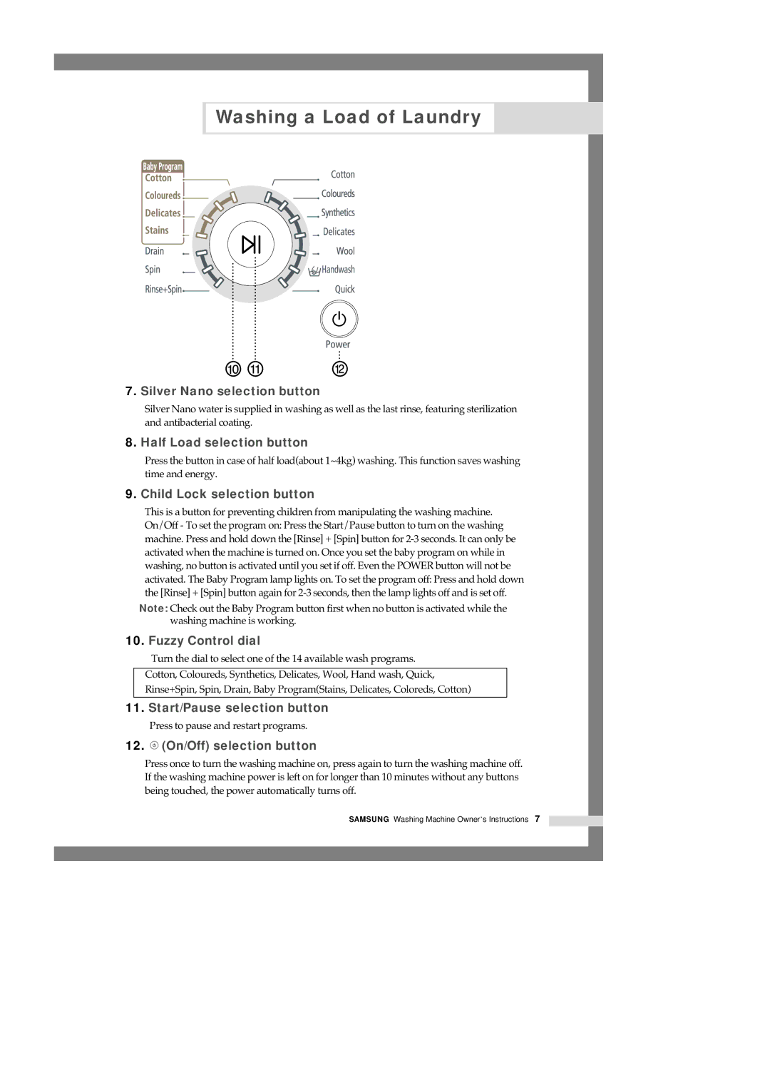 Samsung B1245AVGW1/XEF, B1245AVGW1/XEH, B1245AVGW/XEH manual Start/Pause selection button 