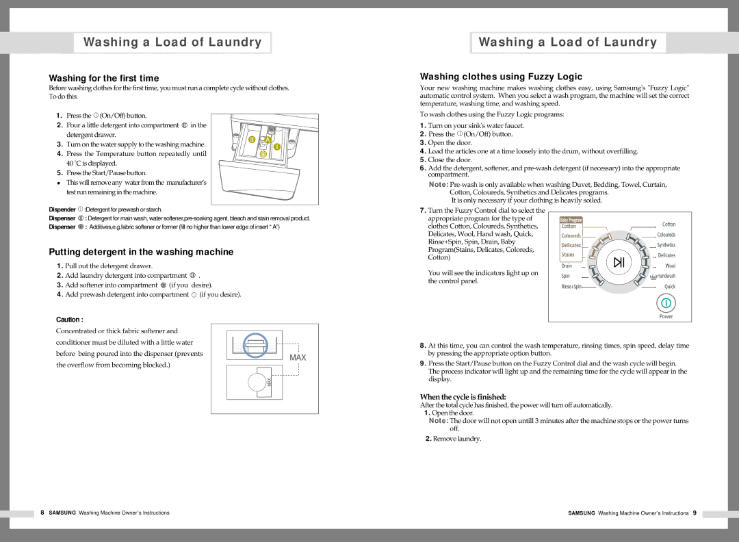 Samsung B1245AVGW/YLP, B1245AVGW/XEG, B1245AVEW/XSV Washing for the first time, Putting detergent in the washing machine 