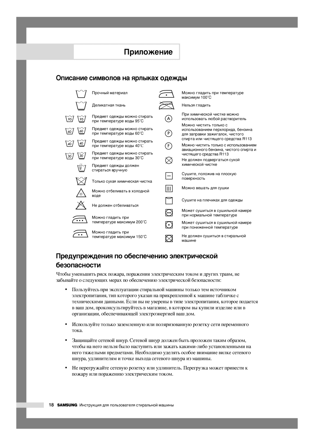 Samsung R1045AGW/YLR manual ÉÔËÒ‡ÌËÂ ÒËÏ‚ÓÎÓ‚ Ì‡ ﬂÎ˚Í‡ı Ó‰ÂÊ‰˚, Â‰ÛÔÂÊ‰ÂÌËﬂ ÔÓ Ó·ÂÒÔÂ˜ÂÌË˛ ˝ÎÂÍÚË˜ÂÒÍÓÈ ·ÂÁÓÔ‡ÒÌÓÒÚË 