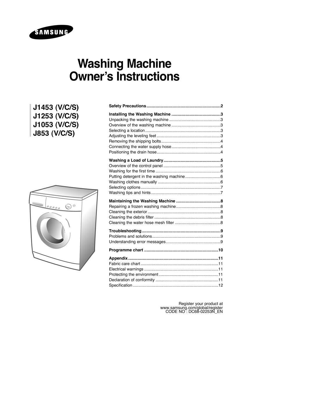 Samsung B1445AVGW1/XAG, B1445AVGW/XEG, B1245AVGW1/XEF, B1445AVGW1/XEF manual Washing Machine Owner’s Instructions 