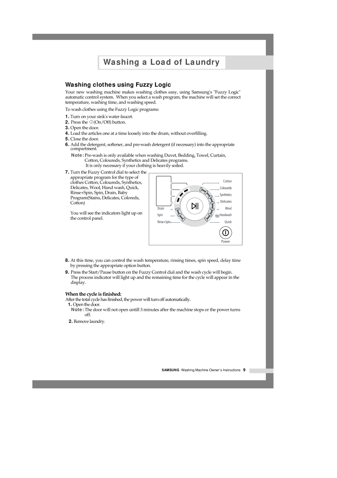 Samsung B1245GW/XEG, B1245AVGW/XEG manual Washing clothes using Fuzzy Logic, When the cycle is finished 