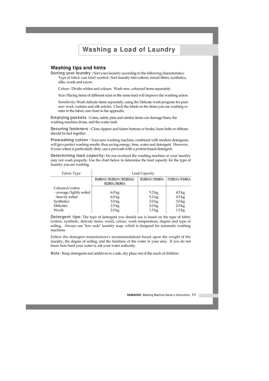 Samsung B1245GW/XEG, B1245AVGW/XEG manual Washing tips and hints, Fabric Type Load Capacity 