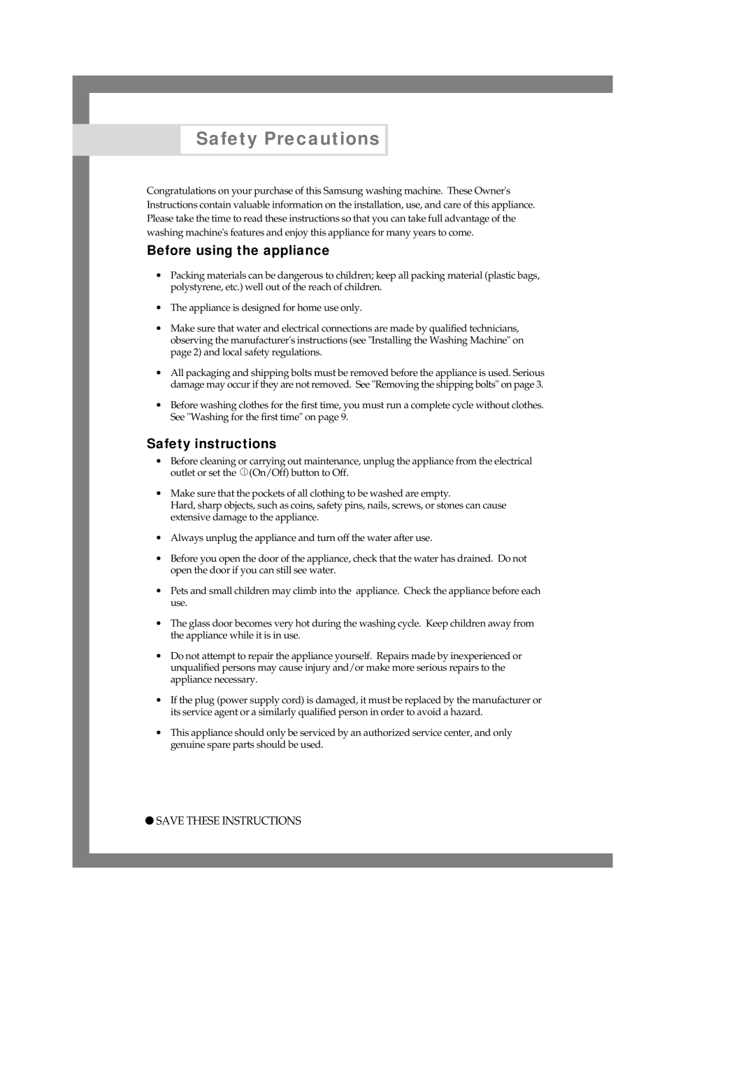 Samsung B1245AVGW/XEG, B1245GW/XEG manual Before using the appliance, Safety instructions 