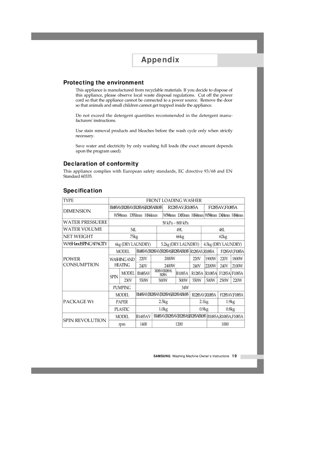 Samsung B1245GW/XEG, B1245AVGW/XEG manual Protecting the environment, Declaration of conformity, Specification 