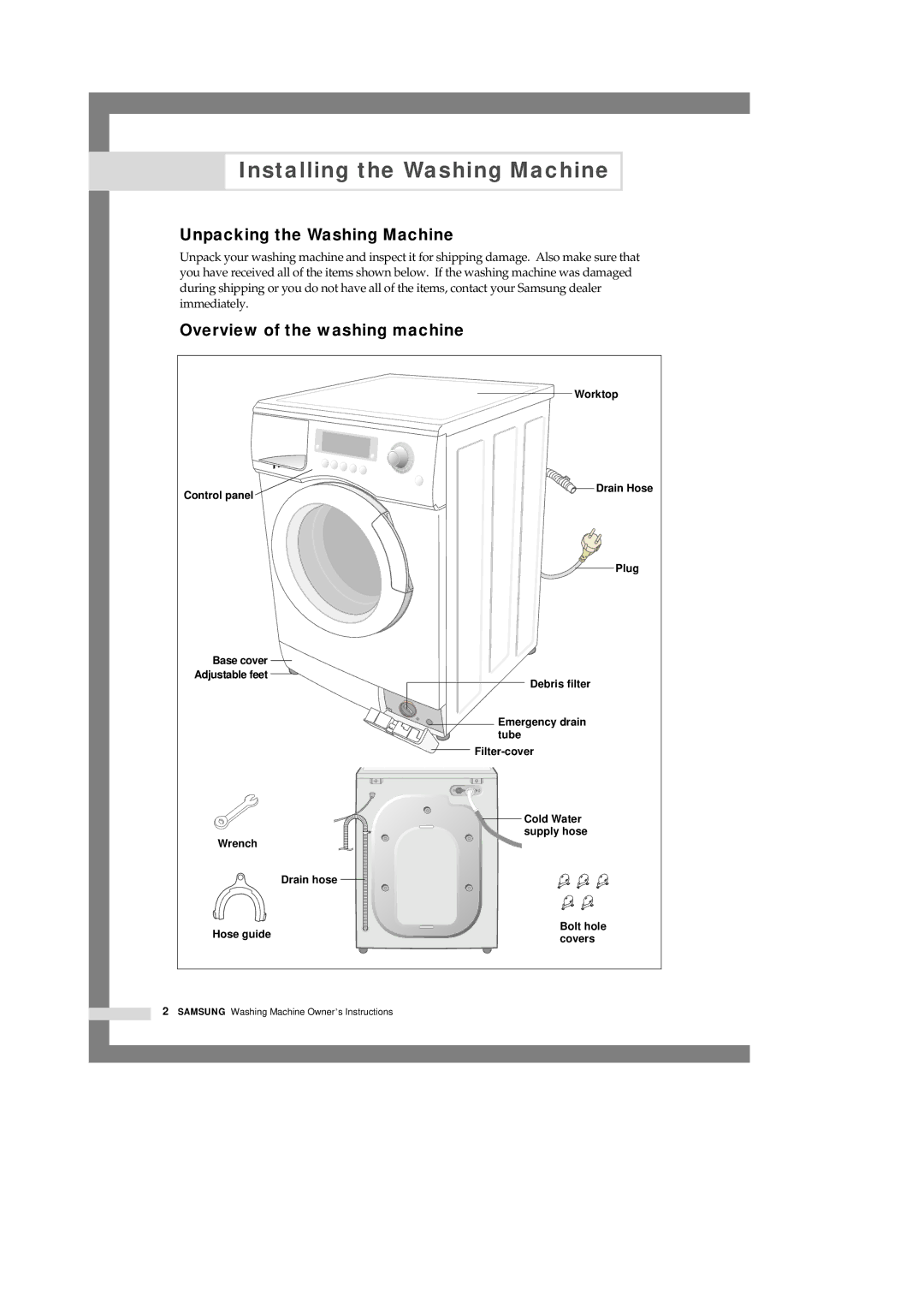 Samsung B1245AVGW/XEG manual Installing the Washing Machine, Unpacking the Washing Machine, Overview of the washing machine 