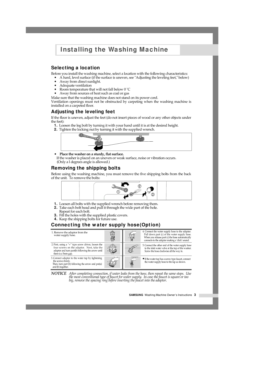 Samsung B1245GW/XEG, B1245AVGW/XEG manual Selecting a location, Adjusting the leveling feet, Removing the shipping bolts 