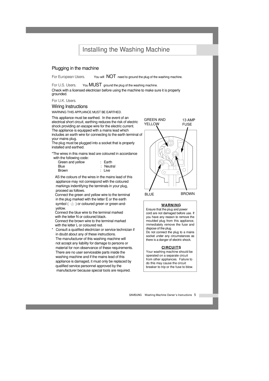 Samsung B1245GW/XEG, B1245AVGW/XEG manual Plugging in the machine, Wiring lnstructions 