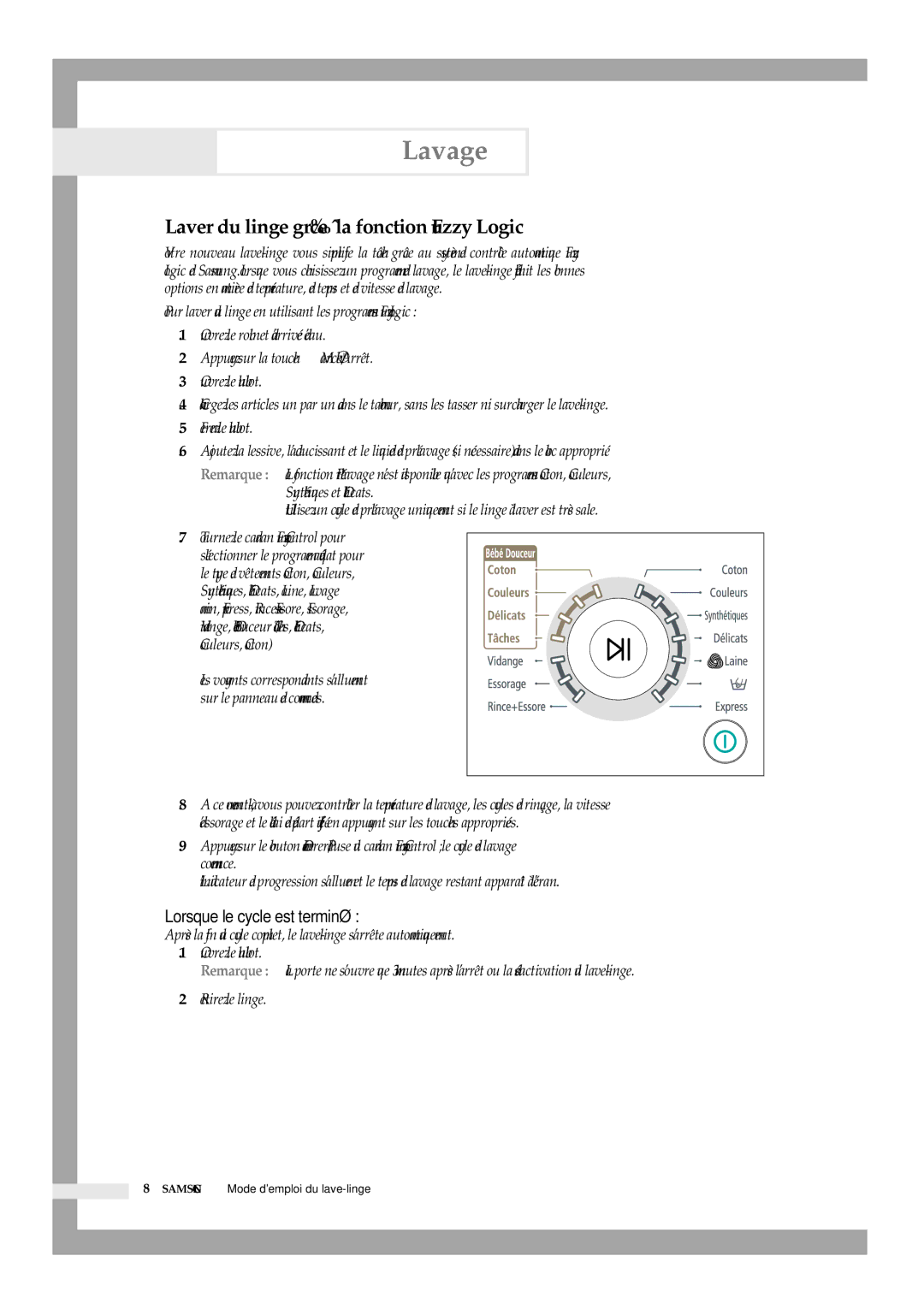 Samsung B1445GW/XEF, B1245GW/XEF, B1445SGS/XEF Laver du linge grâce à la fonction Fuzzy Logic, Lorsque le cycle est terminé 