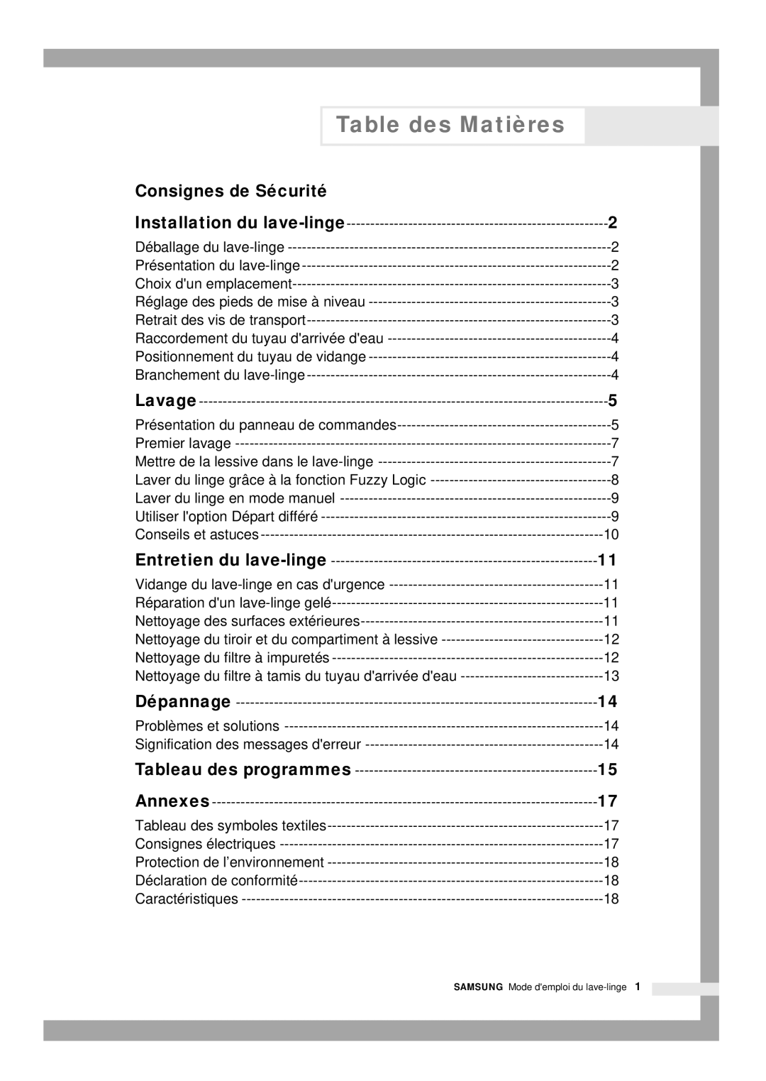 Samsung B1245GW/XEF, B1445GW/XEF, B1445SGS/XEF manual Table des Matières, Consignes de Sécurité 