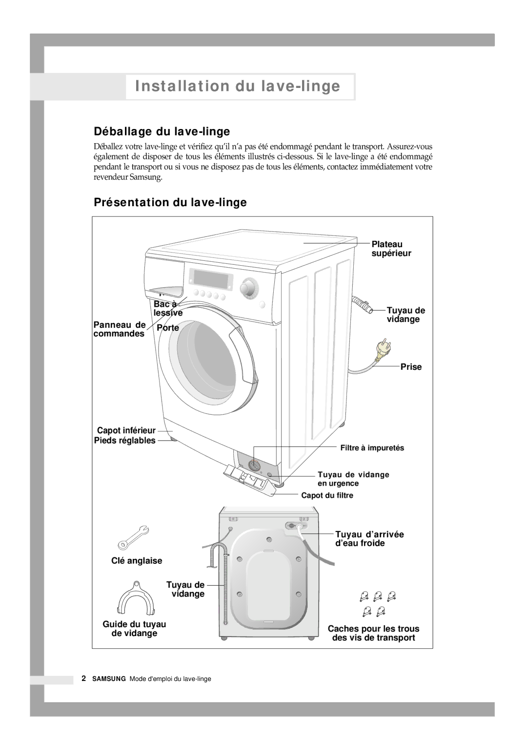 Samsung B1445GW/XEF, B1245GW/XEF manual Installation du lave-linge, Déballage du lave-linge, Présentation du lave-linge 