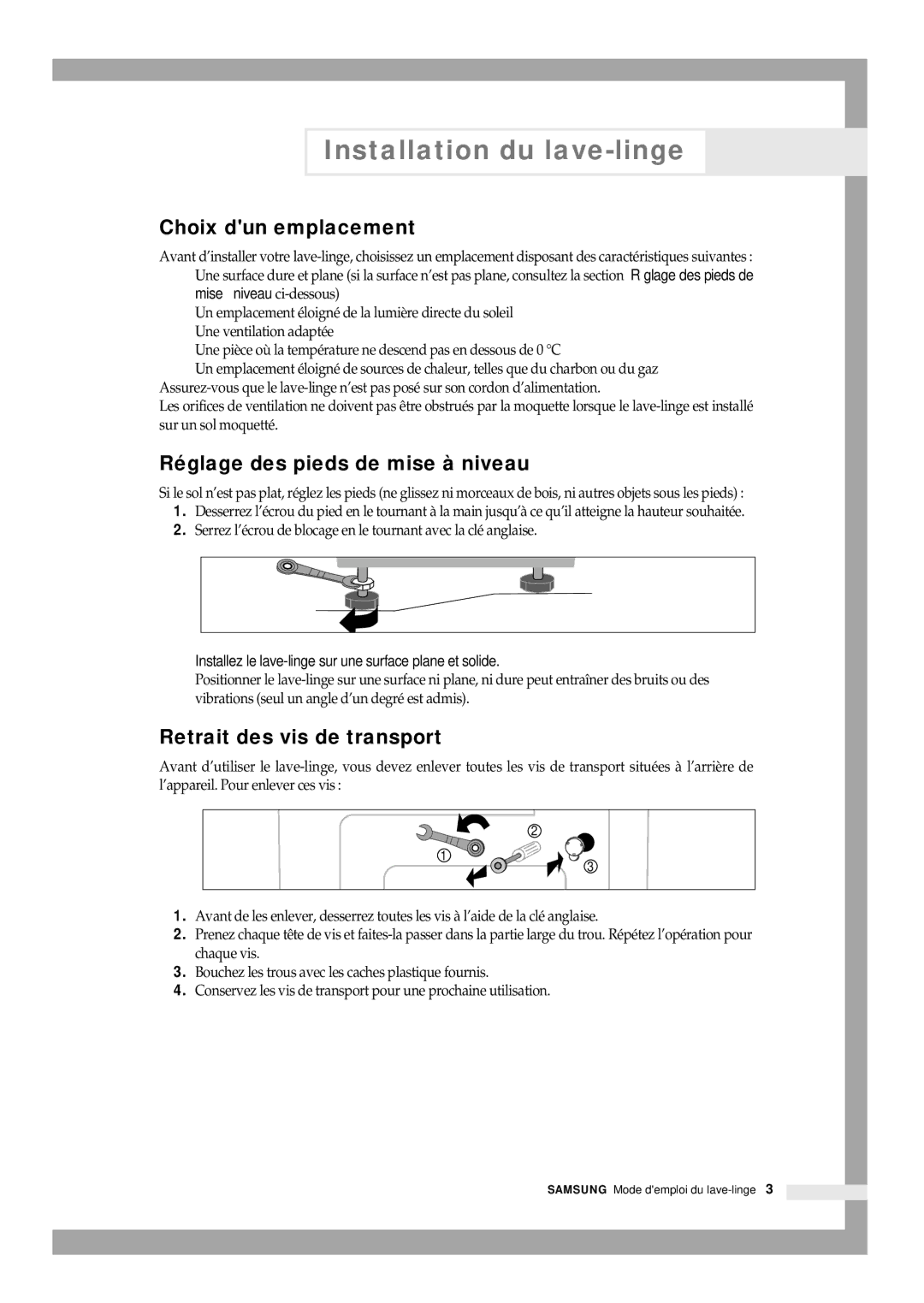 Samsung B1445SGS/XEF, B1245GW/XEF Choix dun emplacement, Réglage des pieds de mise à niveau, Retrait des vis de transport 