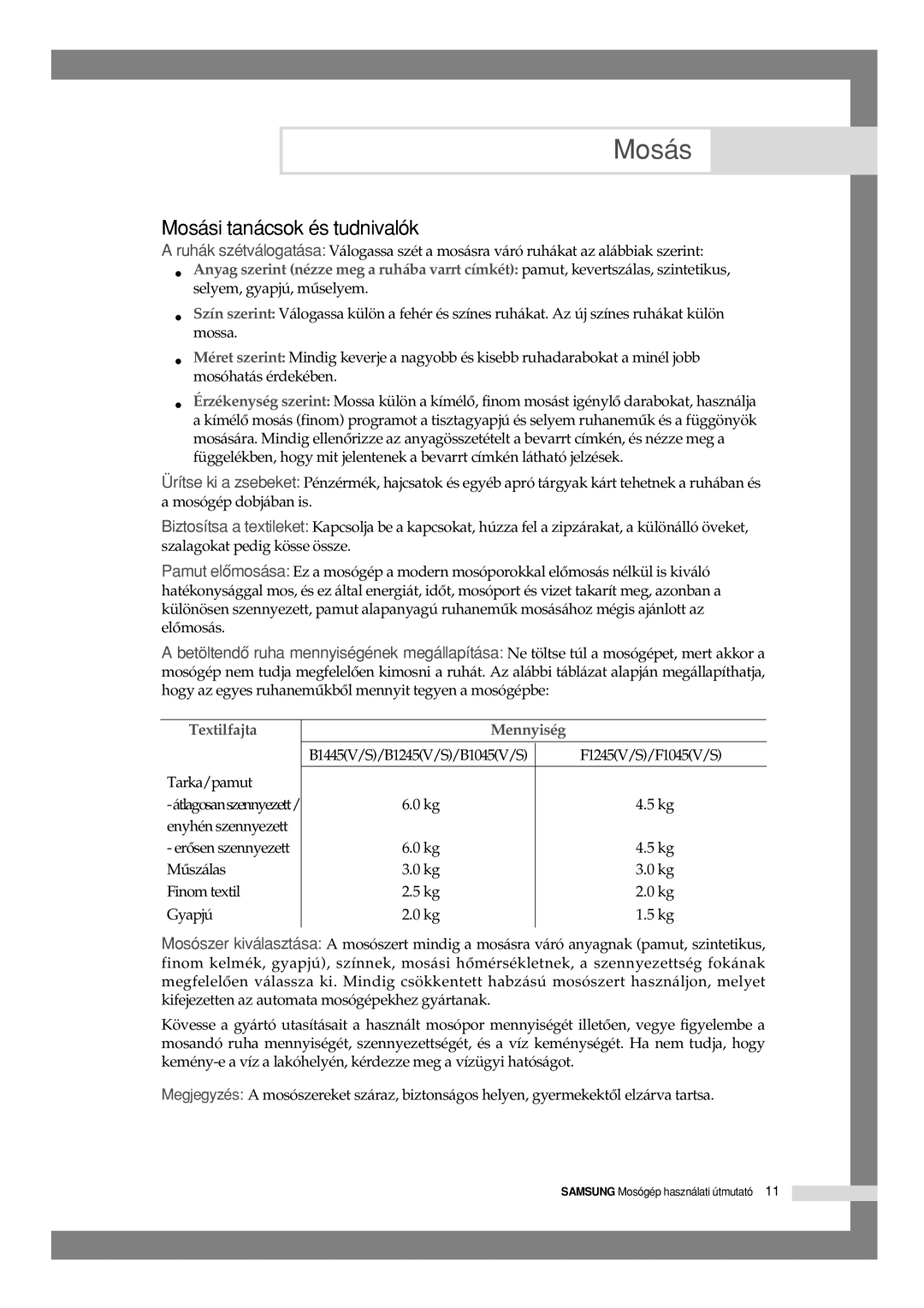 Samsung B1045GW/XEH, B1245VGW/XEH manual Mosási tanácsok és tudnivalók, Textilfajta 